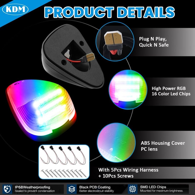 KDM RGB Full Led Clear Lens Cab Roof Top Marker Lights assembly Fit for 1999-2016 Ford F250 F350 F450 F550 F650 F750 E150 E250 E350 E450 Super Duty,Multi-Color Mounted Running Clearance,5Pcs Pack - Image 3